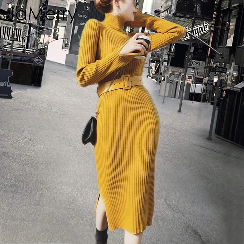JaMerry Элегантное зимнее вязаное платье свитер женское с разрезом на рукавах