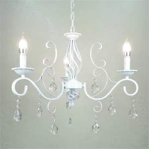 Винтажная люстра-свеча E14 из кованого железа, белый подвесной светильник для столового стола с кристаллами, осветительный прибор