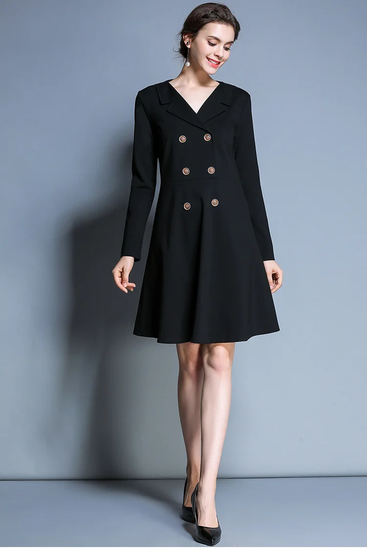 Новинка 2017 Осеннее элегантное платье с отложным воротником двубортное