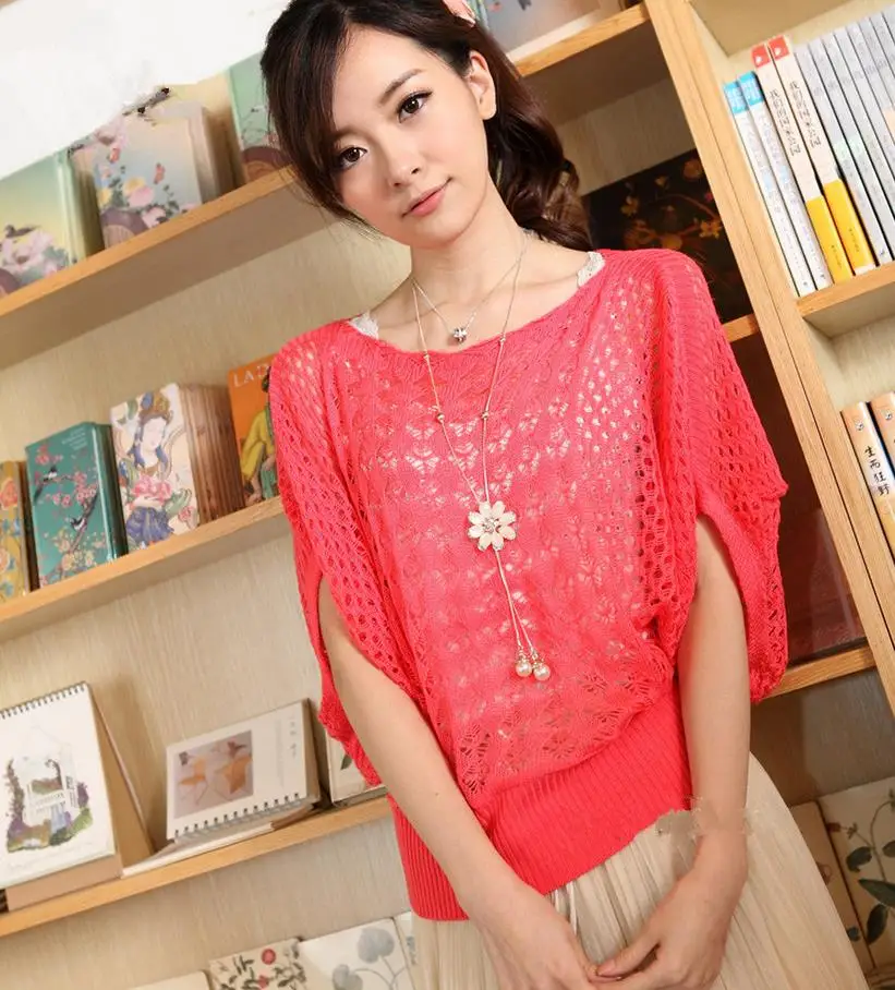 Кофта женская вязаная с круглым вырезом рукавами летучая мышь на весну и лето