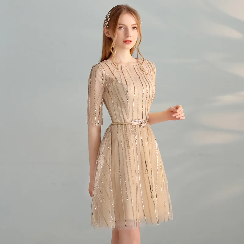 Vivian's Bridal 2018 Блестки Золотые листья пояса женское короткое вечернее платье
