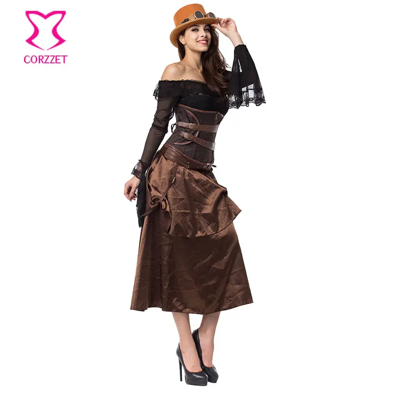 Коричневый корсет из парчовой стали с косточками комплект юбкой сексуальная