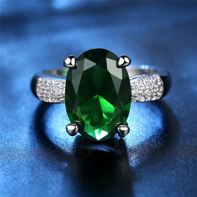 Elegant Large Green Stone Zircon Ladies Rings Female Antique Silver Color Ring Jewelry Woman Girl Accessories Gifts R412 | Украшения и