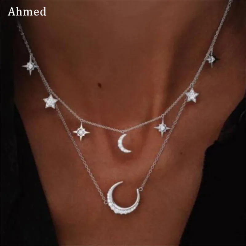 Ahmed бренд Стелла, двухслойная подвеска, стразы, ожерелье с Луной, золото, серебро, ожерелье с Луной, для женщин, фазовая звезда, ожерелье, опт