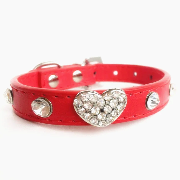 Bling rhinestone dog collar cute heart pet cat luxury diamond pu leather chihuahua small necklace pendant | Дом и сад