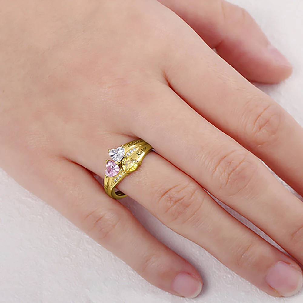 SG 925 Sterling Silver Rings Personalized Custom Heart Birthstone Ring With 3 Names Jewelry for Her Mother day's Gift