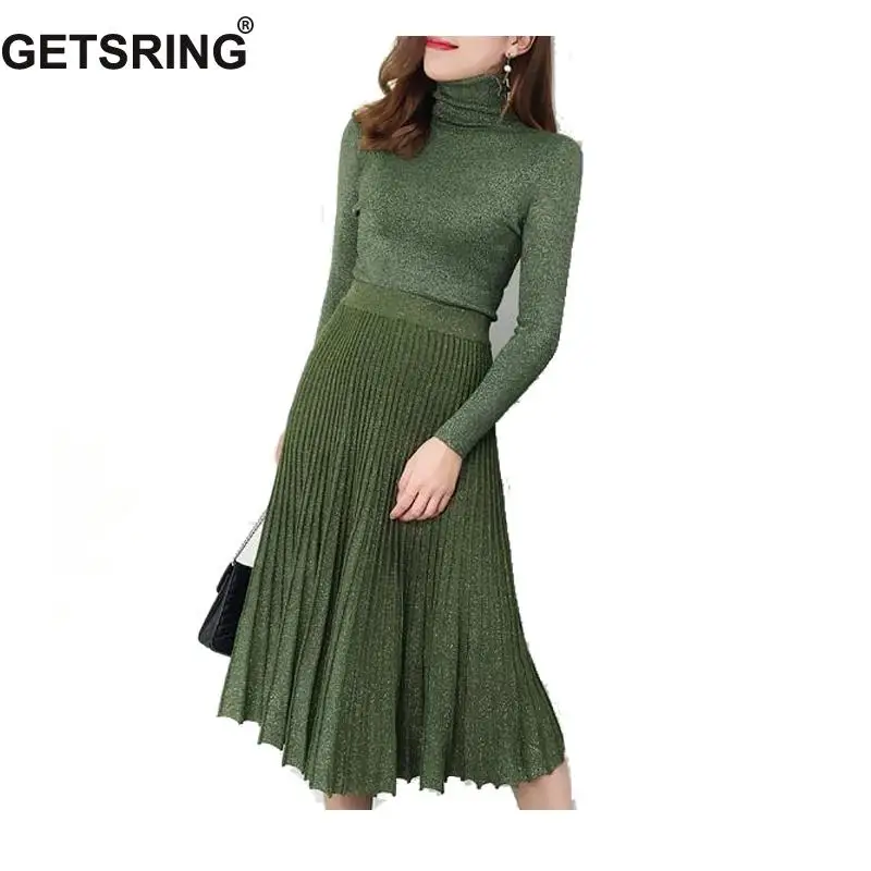 Женский комплект GETSPRING из юбки и свитера, зимний винтажный комплект, трикотажный пуловер с длинным рукавом, высокая талия, удлиненная плиссированная юбка, комплект из двух предметов