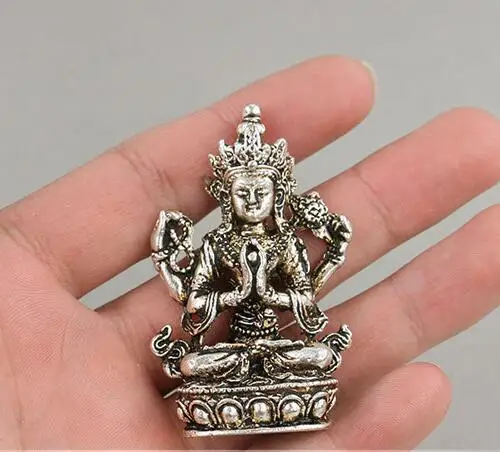 

Тибетский буддизм Miao Silver 4 Arms Chenrezig статуя Будды авалокитвара