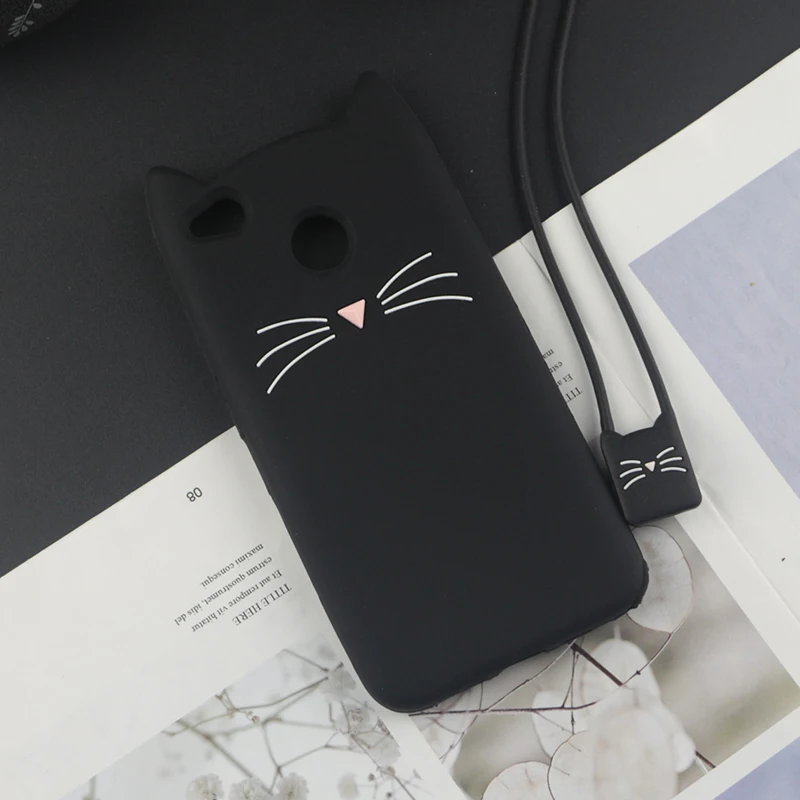 Милый 3D мультфильм силиконовый чехол для Xiaomi Redmi 4x Чехлы Япония блеск борода кошка милые уши Kitty чехол для телефона - Цвет: HuxuBlack With Rope