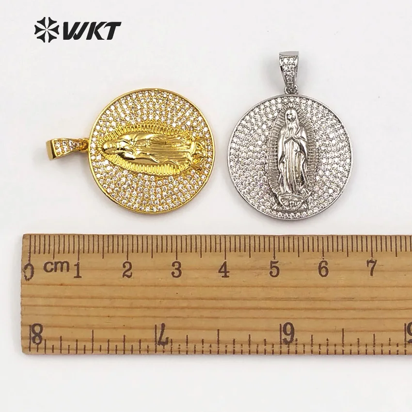WT-MP106 золотой и серебряный цвет Vermeil Virgin Mary медальон-подвеска круглой формы CZ проложить изящная Подвеска для женщин ожерелье