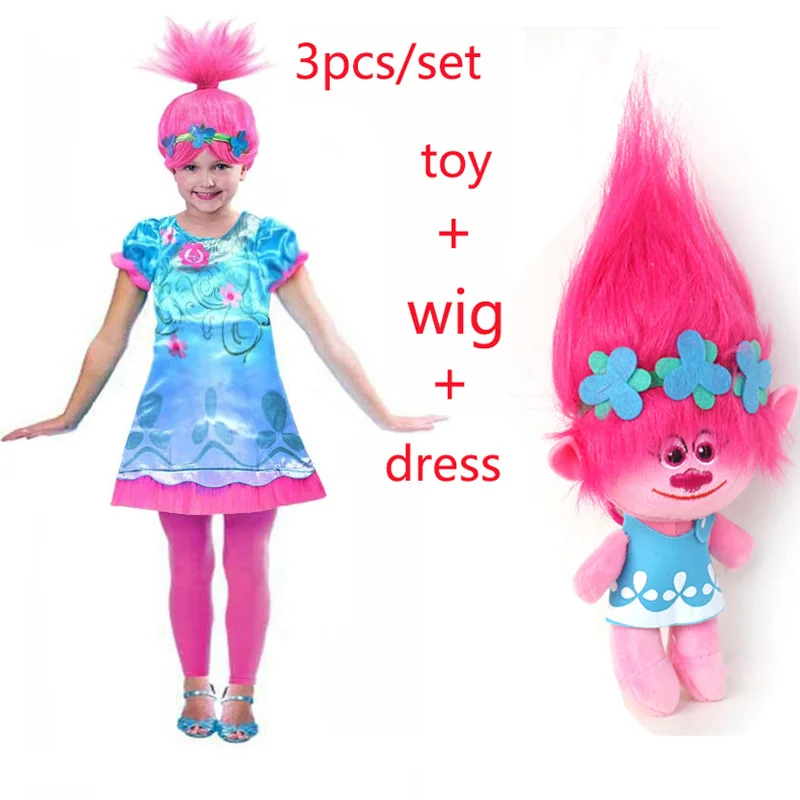 2018 New Carnival Costume Trolls Dress Wig toy For Kids Poppy Lace Baby Girls Moana clothes Children Vaiana Party Vestido | Детская