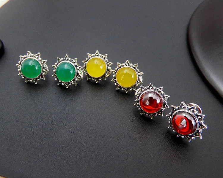 925 пробы серебряные тайские серьги с зеленым гранатом и ониксом|flower earrings|925