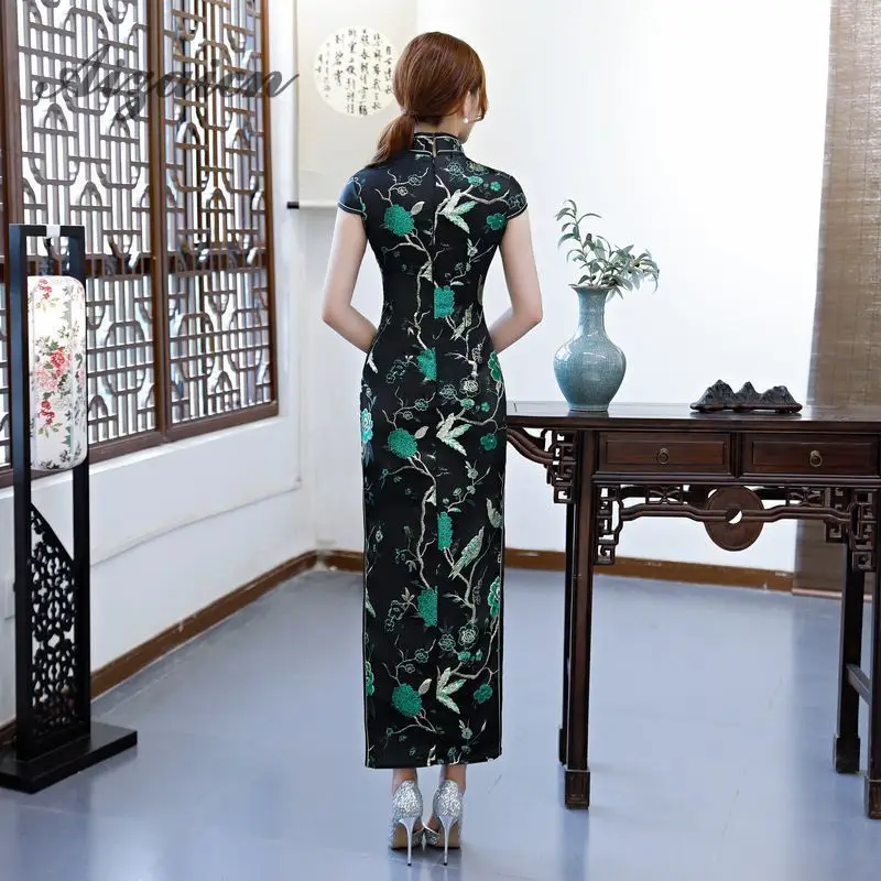 Восточный стиль ретро длинный Cheongsam черный Chinoise тонкий Qi Pao для женщин Китайская традиционная одежда платье Ципао Женская Роба в восточном стиле