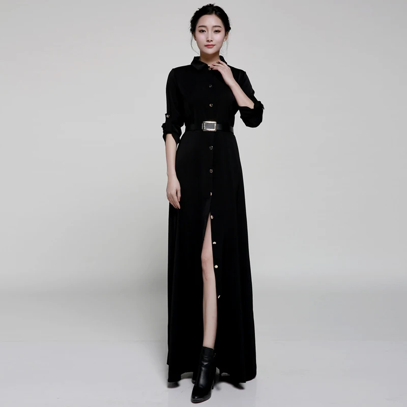 Женское длинное платье на пуговицах приталенное черное в пол с длинным рукавом