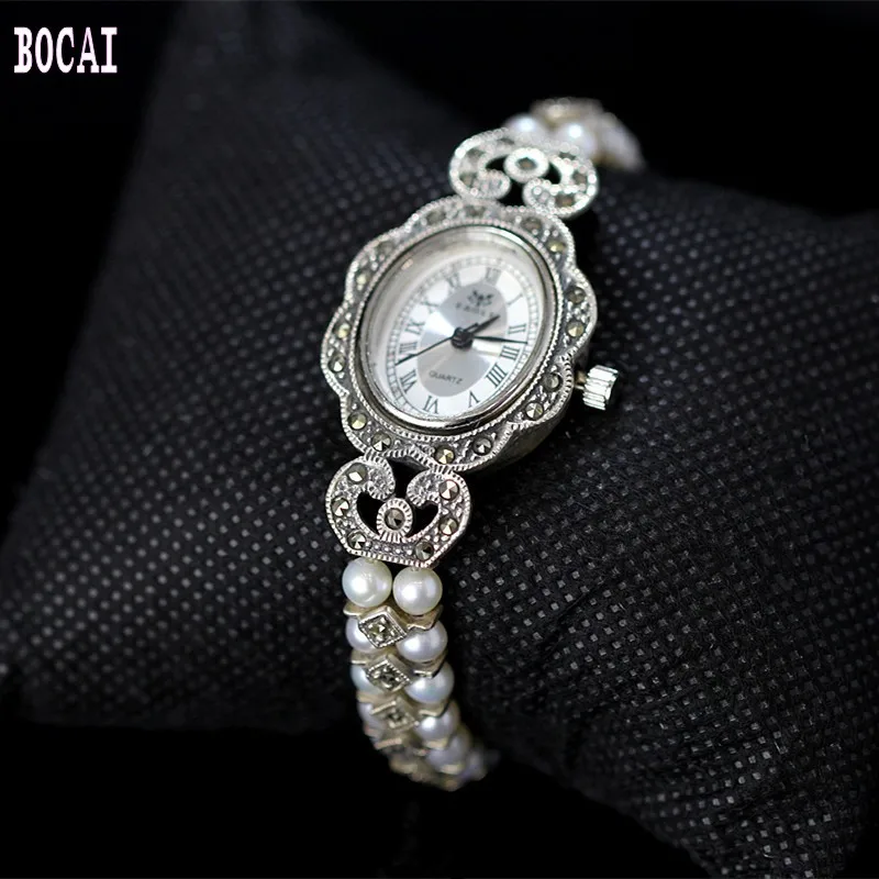 Женские серебряные часы с браслетом S925 летние из тайского серебра жемчугом