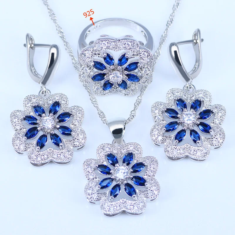 L & B русский Стиль цветок голубой белый кристалл циркония серебро Цвет 925 марка