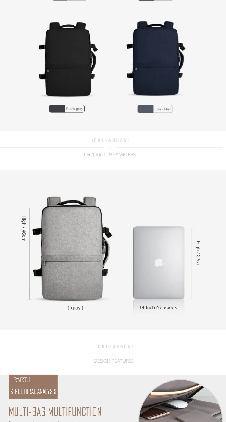 CAI Travel Backpack High Quality Capacity Side-Open Mini Suitcase Laptop bags Water Proof Minimalism Business Men School Style