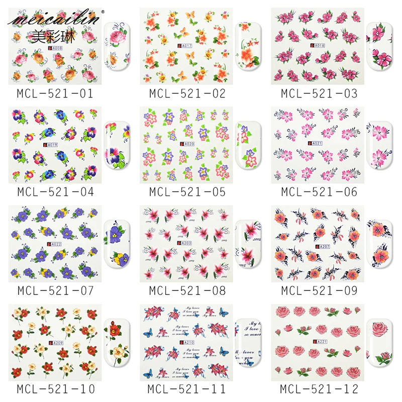 50 листов/упаковка наклейки для нейл арта с цветами перьями и бабочками водные