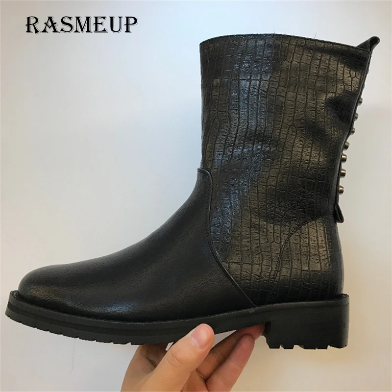 RASMEUP/кожаные женские мотоциклетные ботинки с заклепками Модные до середины икры
