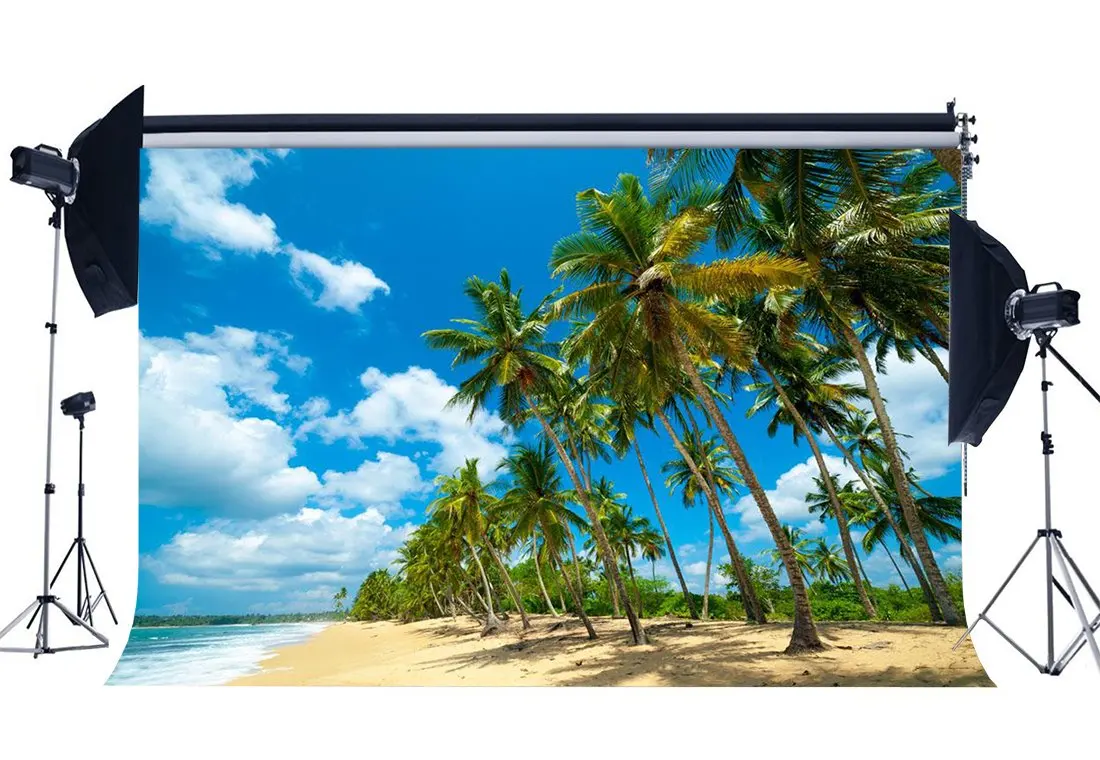 Seaside Sand Beach Backdrop Coconut Palm Waves Sunshine Blue Sky White Cloud Nature Photography Background Kids Adults |