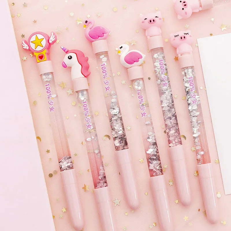 1 шт., милая розовая гелевая ручка Kawaii с жидким блеском для воды, для детей, подарок, школьные, офисные принадлежности, канцелярские принадлежности, Мультяшные животные, черные чернила, 0,5 мм