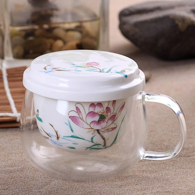 Creative Flower Chinese Tea Set Double Wall Glass Cups with Bone China Insulation Infuser and Lid Clear 300-400ml | Дом и сад
