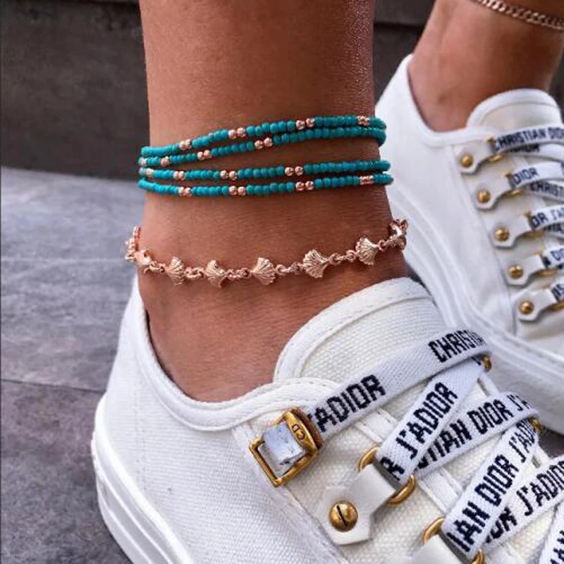 Новинка 5 шт./лот голубые бирюзовые бусины браслет на ногу золотистый цвет