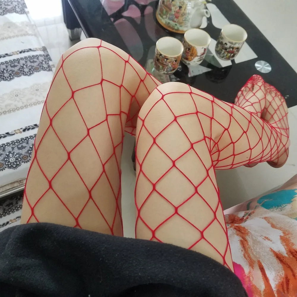 Бело красные сексуальные женские ажурные чулки с высокой талией сетчатые