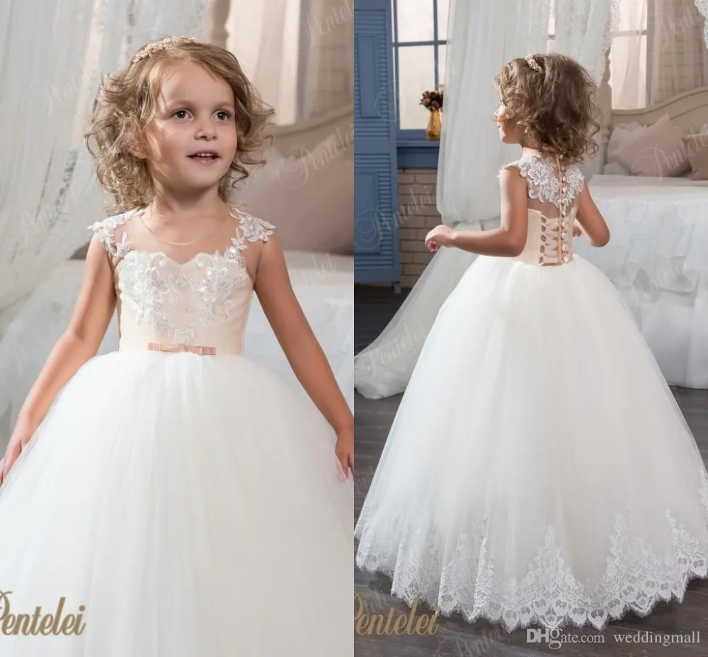 Обнаженная И Белый Бальное платье Тюль Длина Пола Кружева 2017 Цветочные Девушки