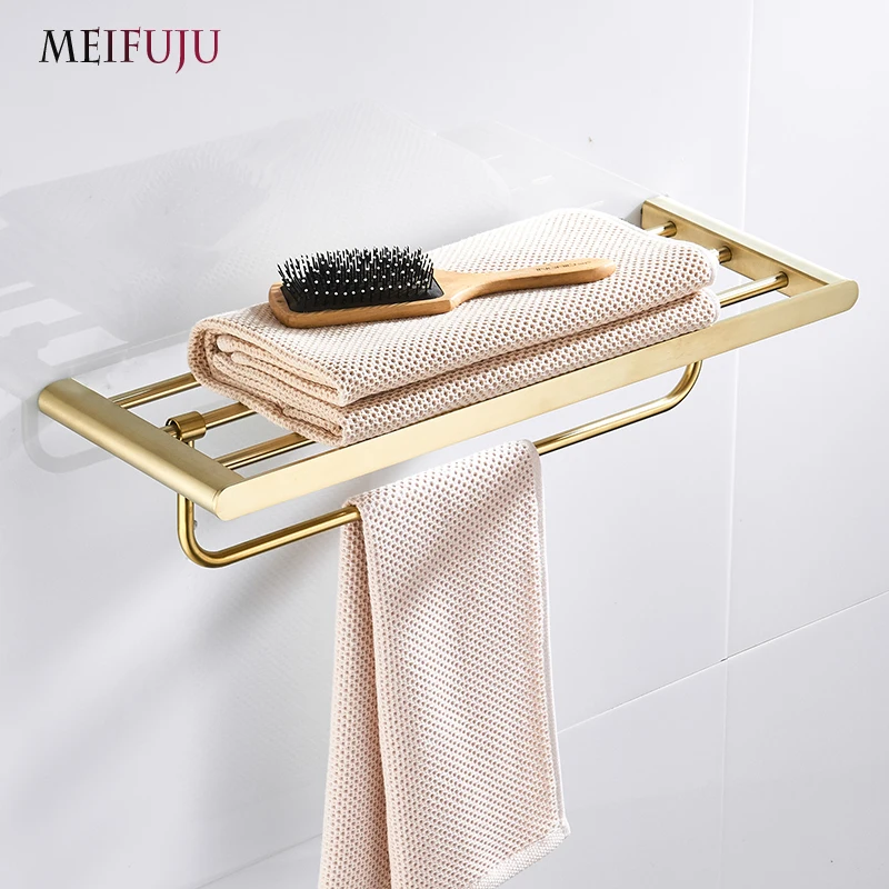 

SUS 304 Stainless Steel Towel Rack Bathroom Towel Rack Holder Brushed Gold Bathroom Shelf Towels Bar Hanger Racks Wall Mounted