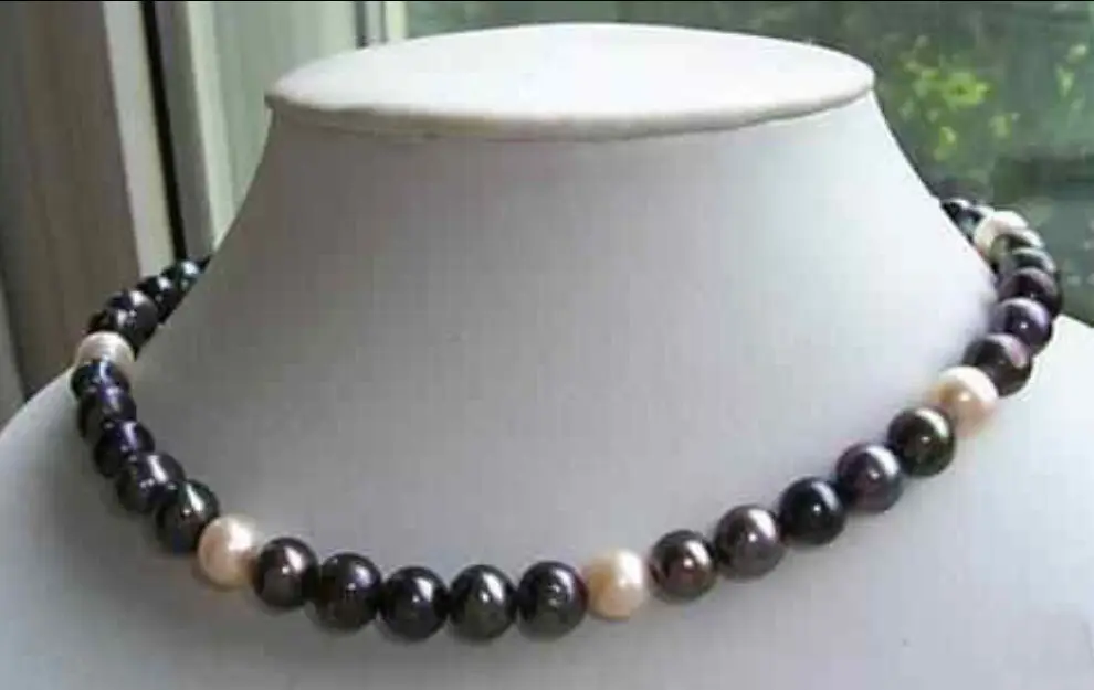 

18''8-9-10mm black white south sea pearls necklace 925silver