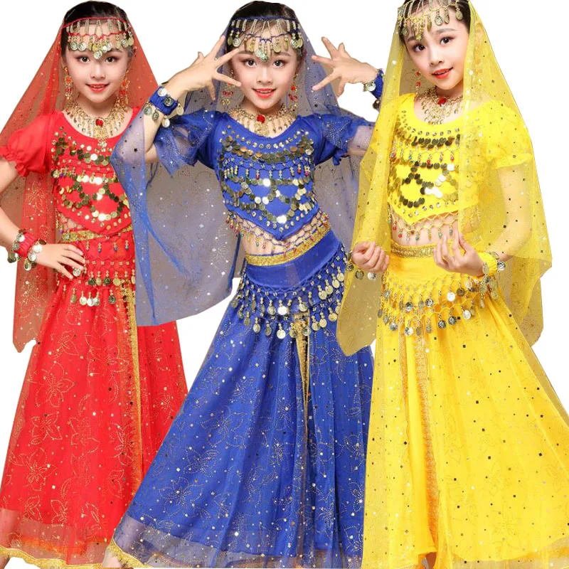 Топ + штаны пояс вуаль детская одежда для танца живота костюмы детей женская