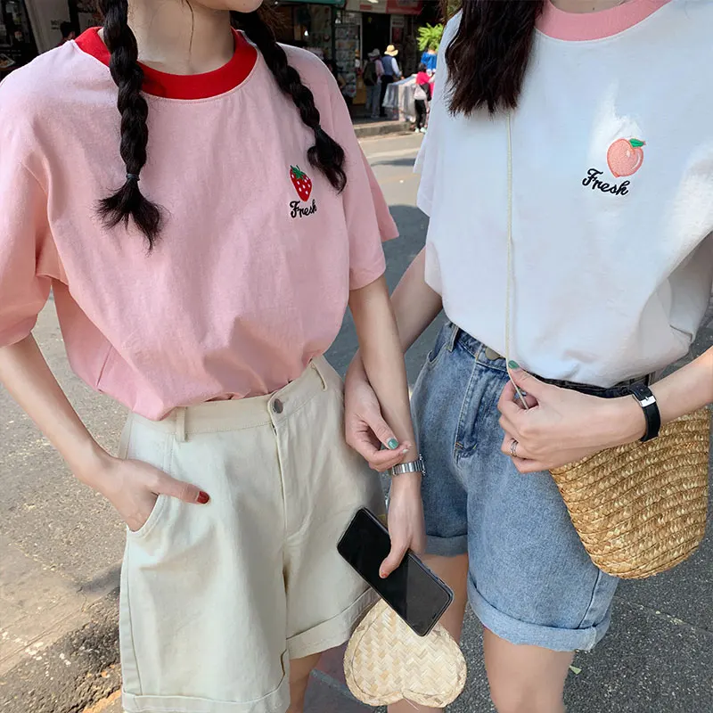 Harajuku женская одежда в Корейском стиле 2019 Летняя мода топы винтажная вышивка