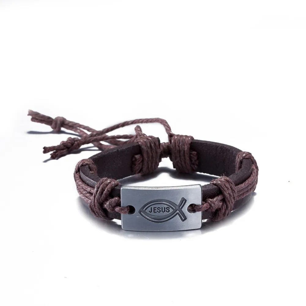 Вера Иисус Надписи Кожаный Браслет Мужская Коричневая Кожа Ткачество