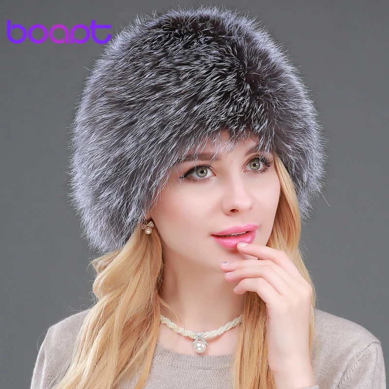 [boapt] высокая качественный женщины зима головные уборы подлинный лиса мех вязаный