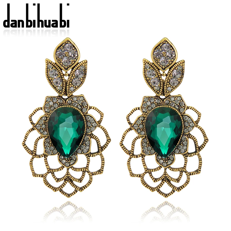 Danbihuabi винтажные длинные серьги под старину золото зеленый камень Австрийский