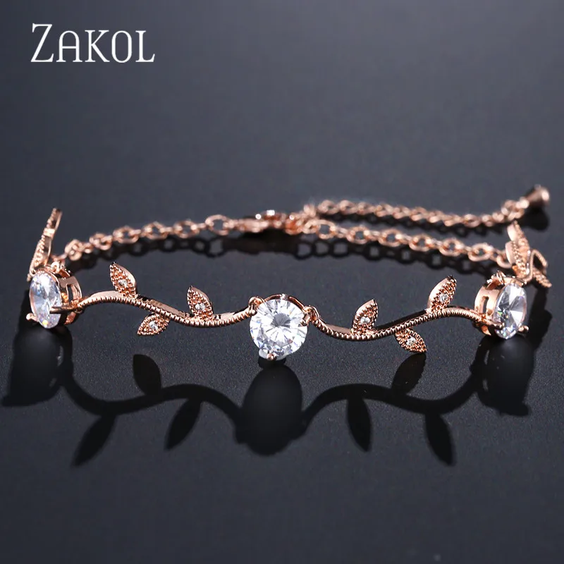 Rose Gold Color ZAKOL модные ювелирные изделия невесты белого цвета в виде листа, очаровательный браслет с кубическим цирконием и браслеты с прозрачными CZ кристаллами, браслеты для женщин FSBP177 - Окраска металла: Rose Gold Color