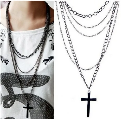 Модное винтажное многослойное ожерелье с черным крестом длинное подвесками для