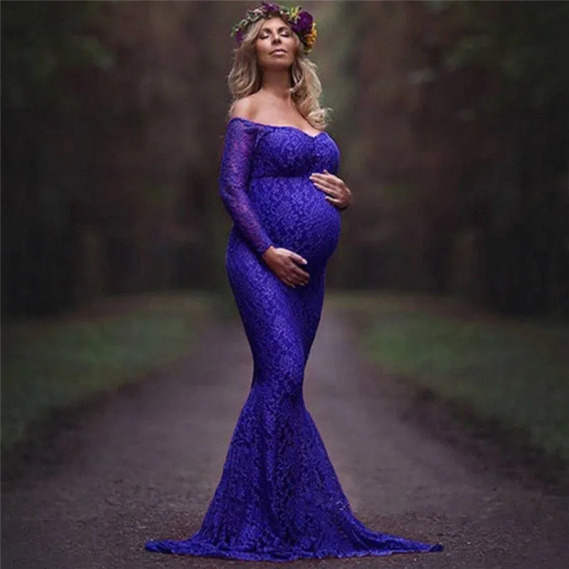 Модное платье для мам, платье для фотосессии, платье макси для беременных с открытыми плечами, кружевное Сексуальное Женское Платье для беременных - Цвет: Синий
