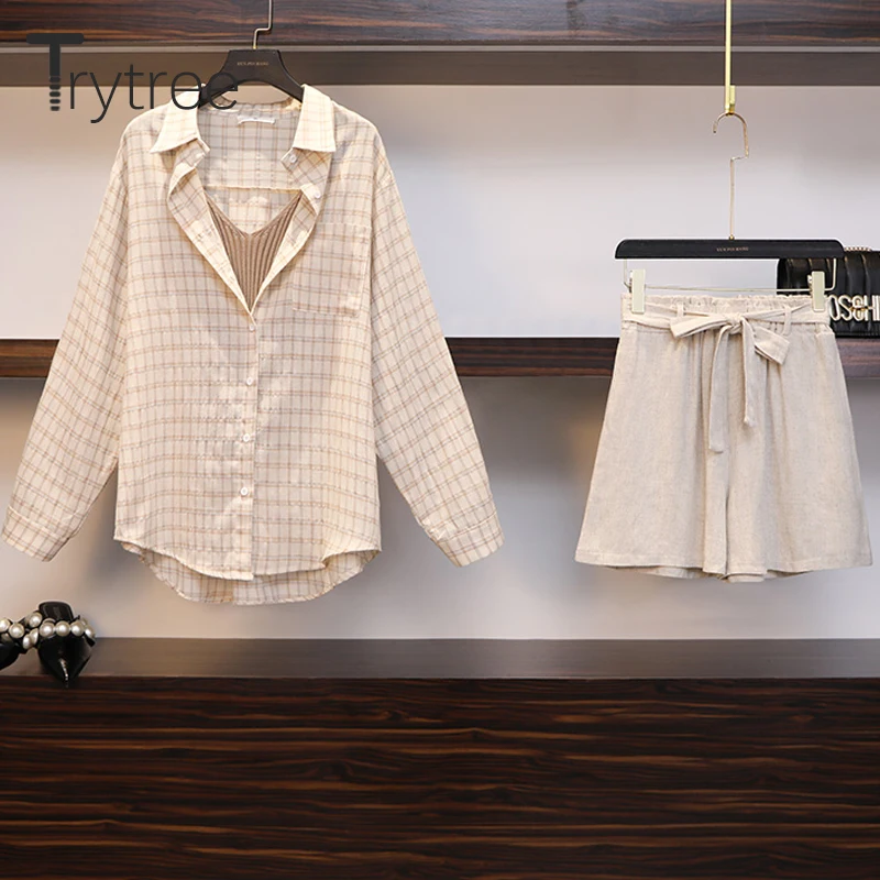 Комплект из трех предметов Trytree Женский повседневный льняной топ в клетку и шорты