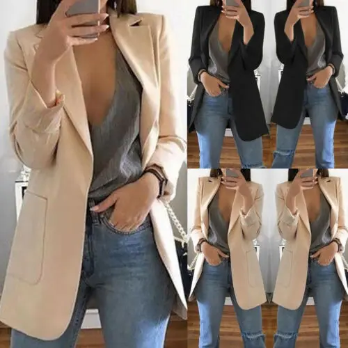 2019 Fashion Slim Blazers Women Autumn Suit Jacket Female Work Office Lady Black with Pockets Business Notched Blazer Coat | Женская