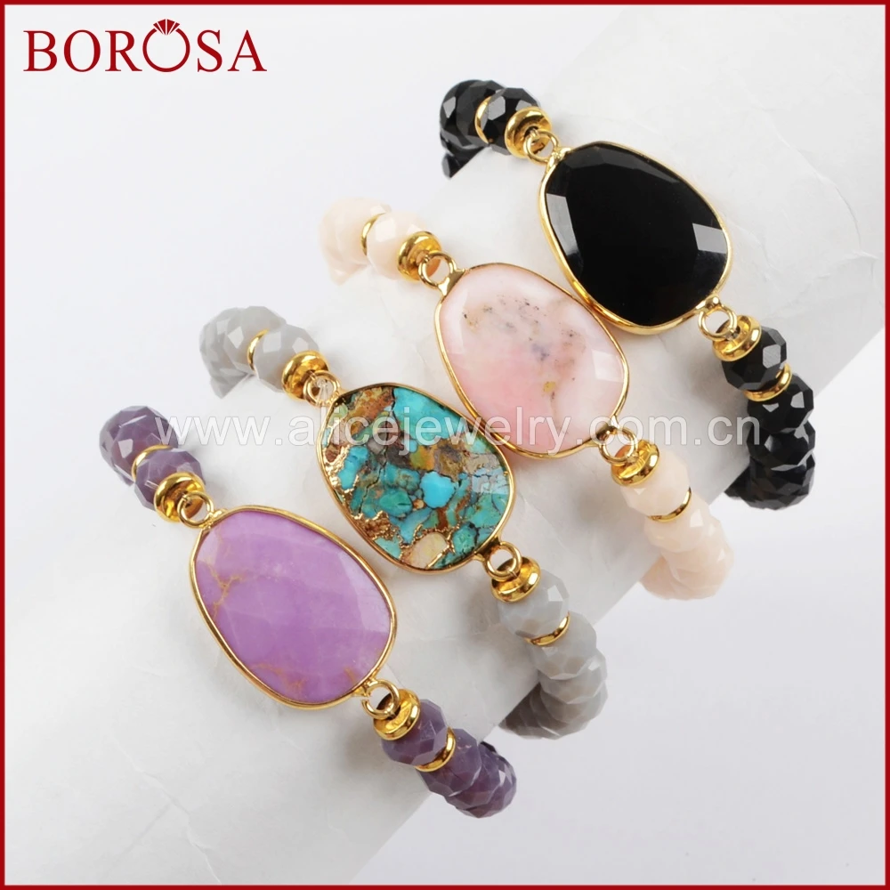 

BOROSA 5PCS Gold Color Mix Colors Natural Turquoises 8x6mm Faceted Glass Beads & Tassel Bracelet Bangle for Women Jewelry G1503