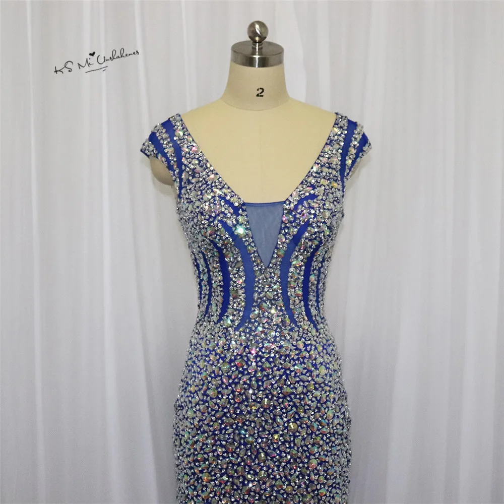 Robe de Soiree Longue сексуальные королевские синие вечерние платья с кристаллами, с рукавом-крылышком, платья для выпускного вечера, Длинные тюлевые платья Boda