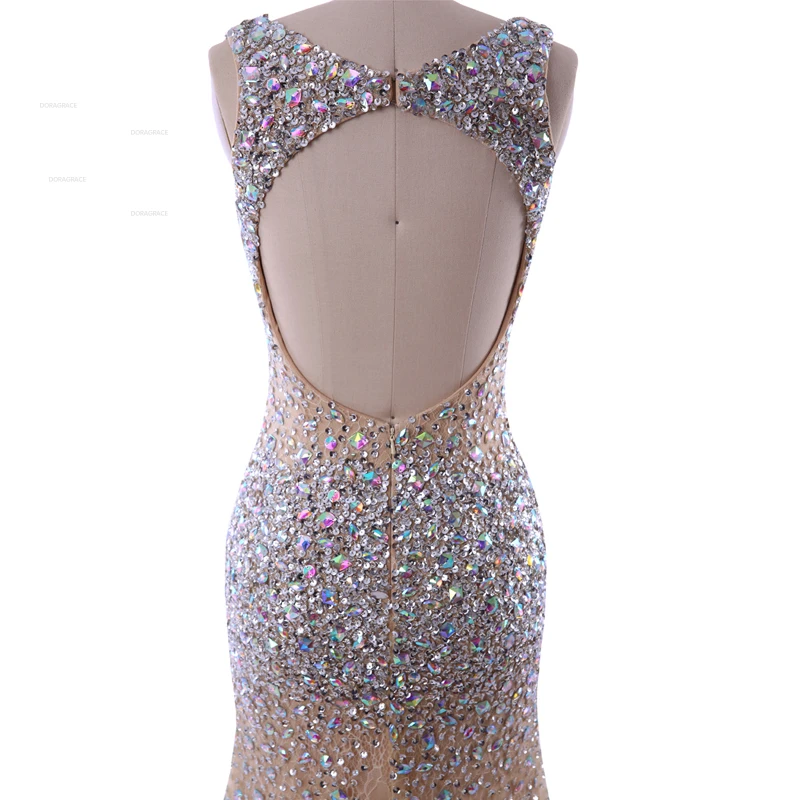 Doragrace Real Photo V Neck Side Split Open Back Evening Dresses Crystal Prom Gowns Beaded Mermaid Party | Свадьбы и торжества