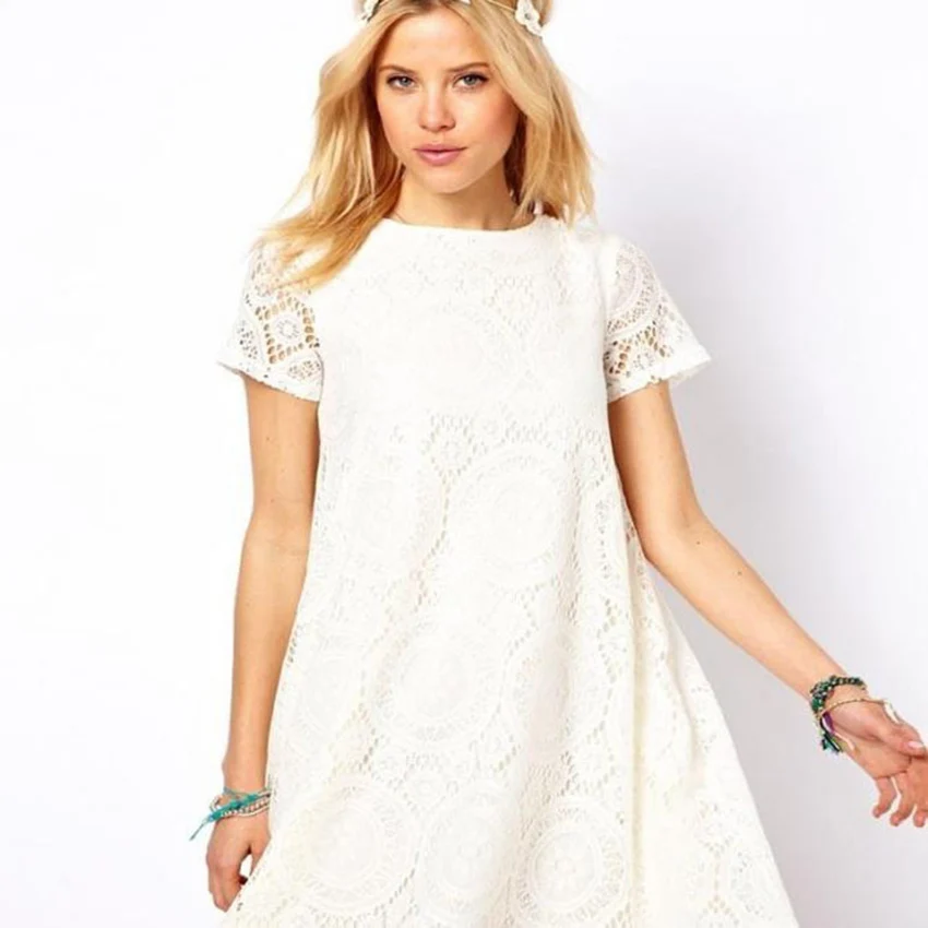 Женское ажурное кружевное платье с круглым вырезом коротким рукавом