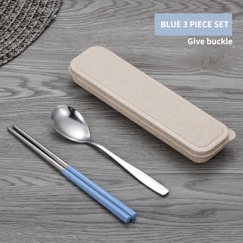 WORTHBUY Portable Dinnerware Set Stainless Steel Cutlery With Wheat Straw Handle Tableware Set For Kids School Dinner Set - Цвет: Blue 3 Set