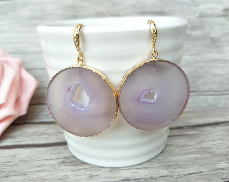 4 пары Drusy круглой натуральный агат e geode Длинные висячие серьги драгоценный