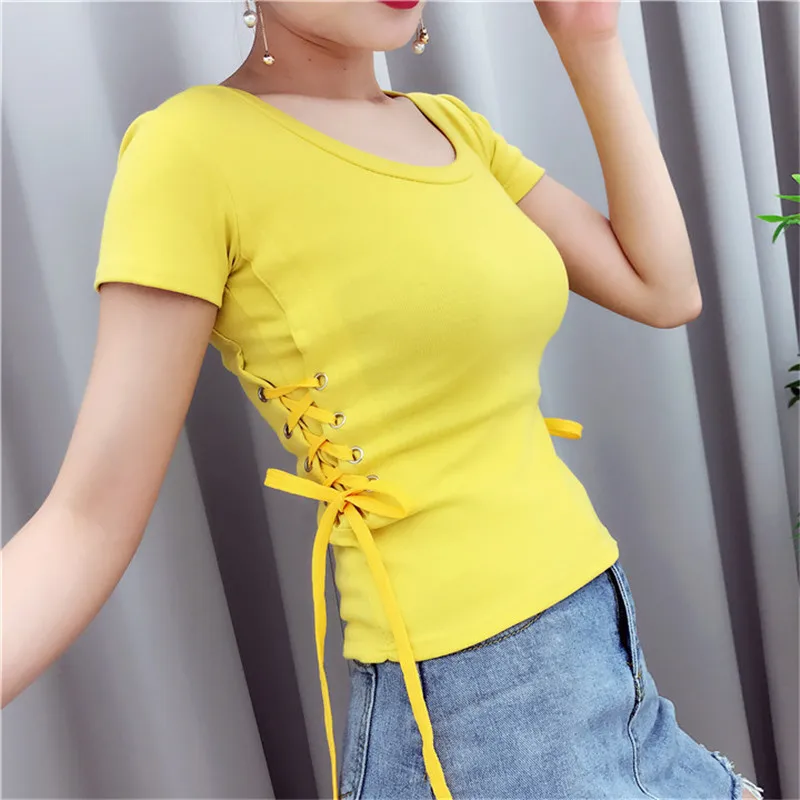 2017 Solid Short Sleeve Women O-Neck Top Tees Lace Up Casual Slim Female Femmes T-Shirt | Женская одежда