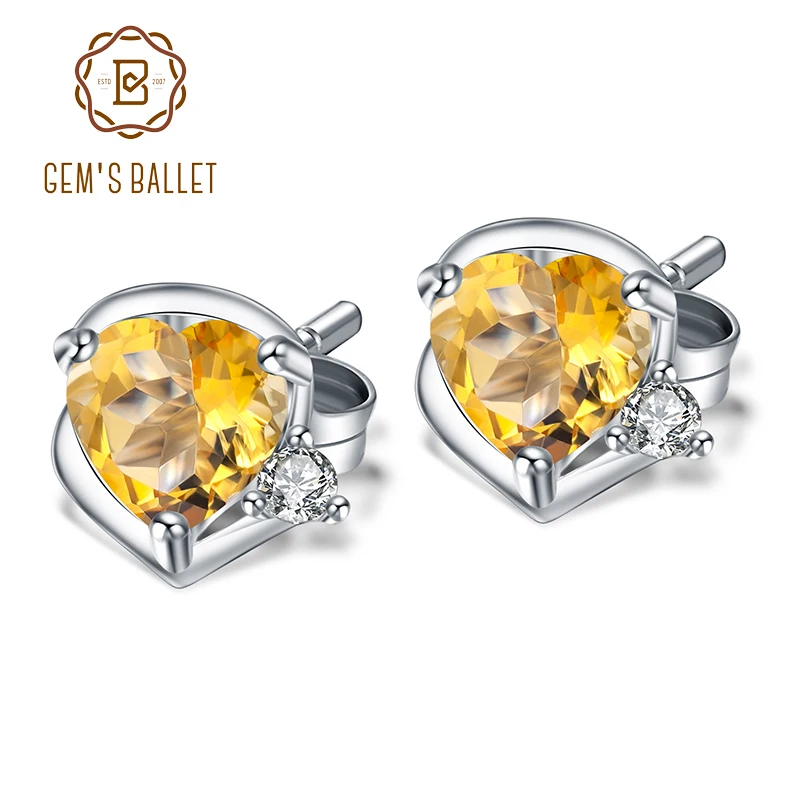 GEM'S балетные 925 пробы серебряные серьги-гвоздики с камнем рождения 1.56Ct натуральный цитрин драгоценный камень сердце серьги для женщин хорошее ювелирное изделие