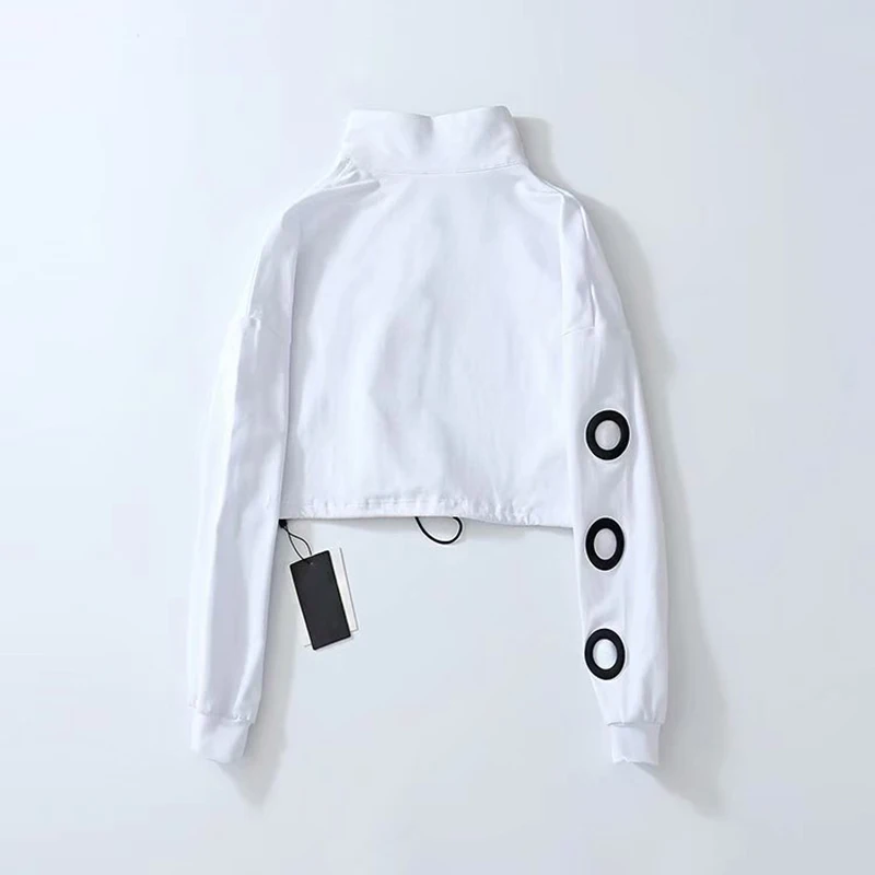 Spring Loose Short Turtleneck sweatshirt White Holes Harajuku kpop Streetwear High Waist Pullover Sweatshirt women | Женская одежда